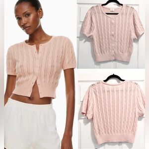 Aritzia Wilfred Fey Cardigan Sweater Pink Merino Wool Cotton Short Sleeve Large